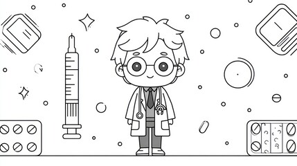 Obraz premium Cartoon doctor with medical supplies illustration for healthcare concepts