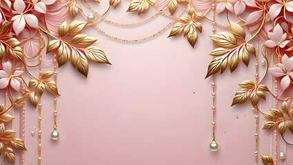 Beautiful foliage motif blush pink pearl gold strings, royal frame, graphic design illustration wallpaper 