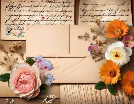vintage retro scrapbooking paper background with flowers and hand writing