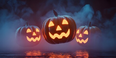 Obraz premium Three glowing Halloween pumpkins in spooky night fog, dark background, festive jack-o'-lanterns reflecting on water, eerie mood, holiday celebration, decorative graphic.