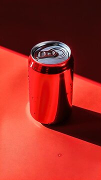 A can of soda placed on a bright red background