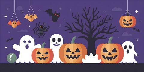 Cute and spooky Halloween background with smiling pumpkins, friendly ghosts, flying bats, and a spider on a dark purple night sky. Festive holiday pattern design, eerie yet charming illustration fo
