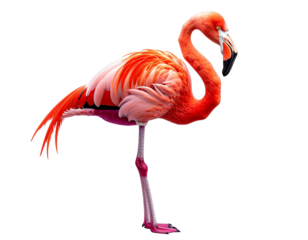 Vibrant pink flamingo standing on one leg against a black background