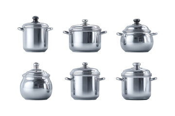 Collection of gleaming stainless steel traditional cooking pots handis essential kitchen cookware for culinary excellence transparent background