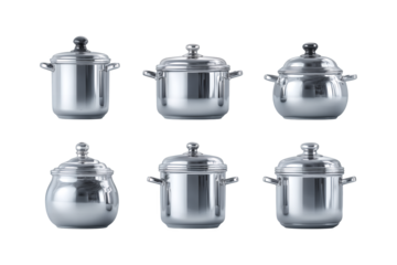 Collection of gleaming stainless steel traditional cooking pots handis essential kitchen cookware for culinary excellence transparent background