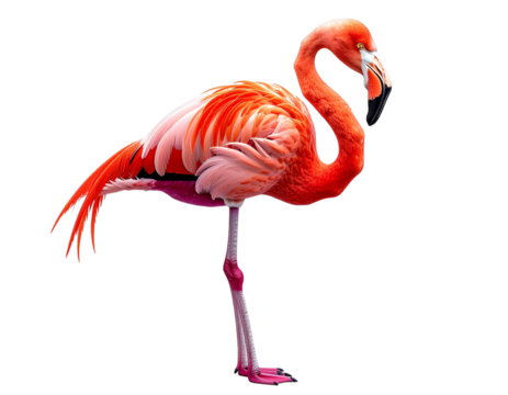 Vibrant pink flamingo standing on one leg against a black background - Powered by Adobe