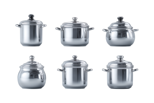 Collection of gleaming stainless steel traditional cooking pots handis essential kitchen cookware for culinary excellence transparent background