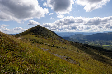 Fototapeta premium Hiking along the red trail to the highest peak of the Bieszczady Mountains - Tarnica