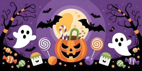 Cute Halloween night with spooky ghosts, pumpkin bucket full of candy, flying bats, dark purple background, festive illustration, trick or treat design, holiday pattern.