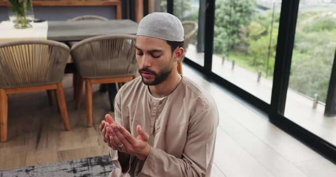 Above, muslim and praying with man at house for gratitude, islamic faith and worship Allah on Eid. Male person, prayer and dua with spiritual belief, religious devotion and praise to God of tradition