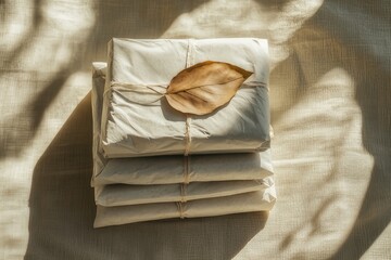 A stack of books with white paper and a leaf on top