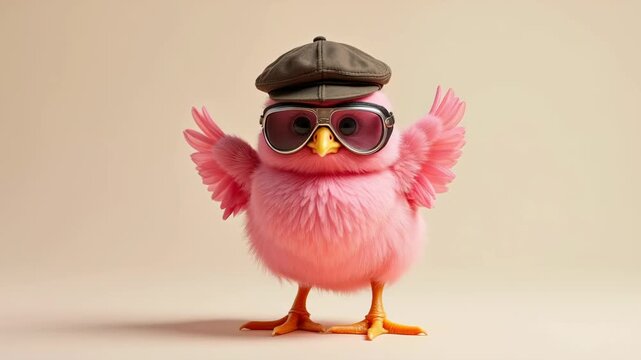 A pink chick wearing vintage aviator goggles and a pilot cap stands against a flat background, embodying a bold spirit of adventure and self-expression
