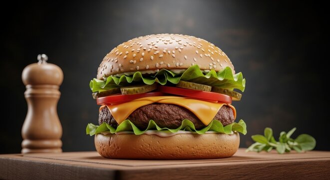 Juicy cheeseburger with fresh toppings on a rustic wooden table in a dark setting - Powered by Adobe
