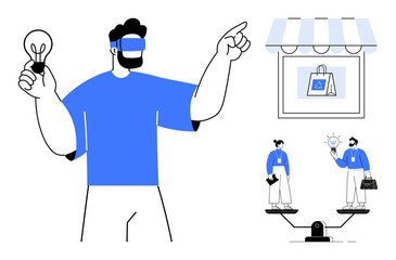Man with VR headset holding lightbulb, retail store graphic, balanced scale with businesspeople. Ideal for virtual reality, technology, retail, innovation, business decision-making, e-commerce