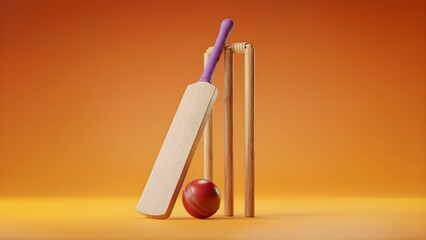 A cricket bat, ball and stumps are arranged on a flat surface with a gradient background, symbolizing the sport of cricket and its equipment