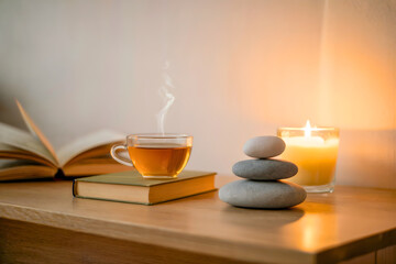 A cozy and relaxing scene with a steaming cup of tea on a book with balanced stones evoking a sense of peace and mindfulness