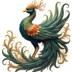 Fototapeta premium Majestic phoenix bird illustration in ornate style. Golden green red plumage shows vibrant mythical creature. Elegant detailed art rebirth, success, ancient Asian culture. Fantastic digital graphic