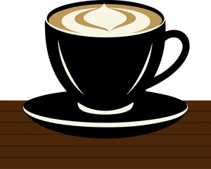  Cappuccino cup on wooden table background Silhouette  , white background 