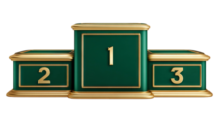 Elegant green and gold winner podium with three steps isolated on a transparent white background, clipping path