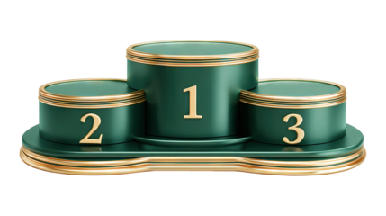 Elegant green and gold winner podium with three steps isolated on a transparent white background, clipping path