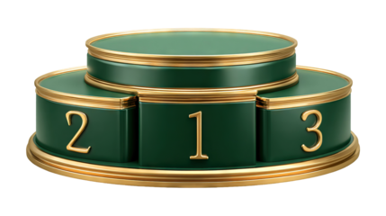 Elegant green and gold winner podium with three steps isolated on a transparent white background, clipping path