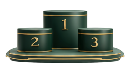 Elegant green and gold winner podium with three steps isolated on a transparent white background, clipping path