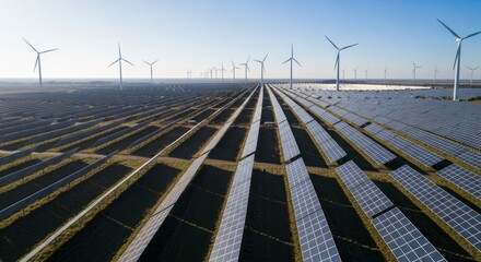 Aerial drone view of a large solar energy farm with wind turbines in the background, bright sunlight, clean energy landscape, eco-friendly technology, realistic detail