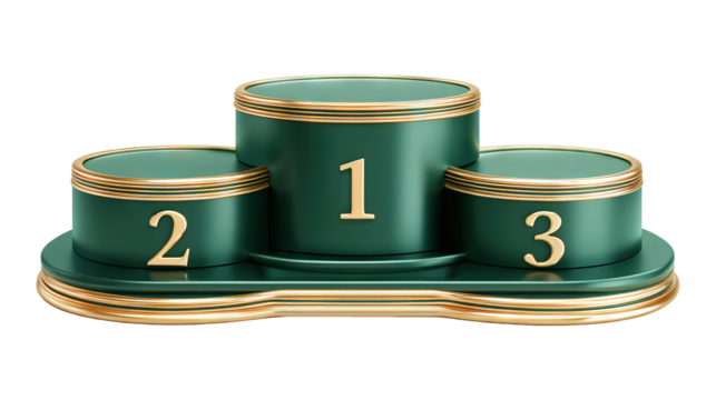 Elegant green and gold winner podium with three steps isolated on a transparent white background, clipping path