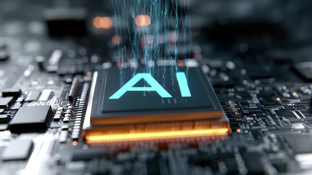 Dynamic AI chip pulses with energy, symbolizing innovation and future technology breakthroughs, 4k high quality