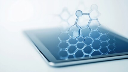 Molecular structure visualization on a digital tablet demonstrates cutting-edge scientific analysis in a modern lab setting