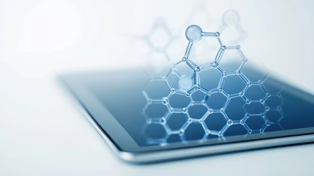 Molecular structure visualization on a digital tablet demonstrates cutting-edge scientific analysis in a modern lab setting