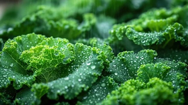 Lush green kale leaves glistening with water droplets after a refreshing rain in a vibrant garden during spring