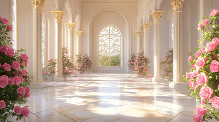 Luxury palace interior with elegant floral decor, pink roses, romantic architecture background for wedding