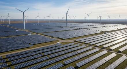 Fototapeta premium Aerial drone view of a large solar energy farm with wind turbines in the background, bright sunlight, clean energy landscape, eco-friendly technology, realistic detail