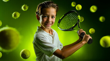A young boy in a white shirt is holding a tennis racket and smiling at the camera