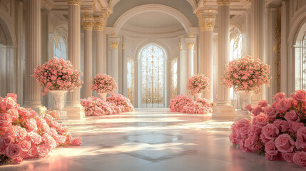 Wedding ceremony background in luxury palace interior with elegant floral decor, pink roses, classical columns and arches, romantic atmosphere for events, celebrations and high-end design