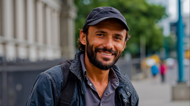 A man with a beard and mustache is smiling and wearing a black cap and jacket