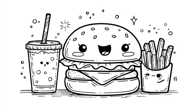 Cartoon burger fries drink illustration black and white vector art