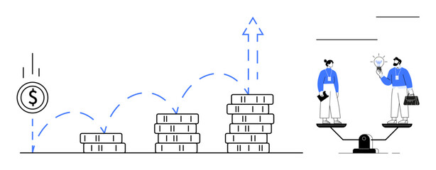 Coins stack progressively showing financial growth, upward arrow, two people balancing on a scale, representing fairness, collaboration. Ideal for finance, investment, teamwork, strategy wealth