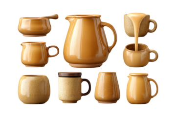 Collection of rustic handmade ceramic pottery various mugs pitchers jugs cups warm earthy tones kitchenware beverage pouring concept transparent background