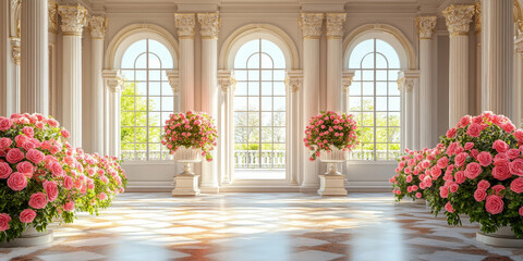 Luxury Palace Interior decorated with pink roses flowers bouquets. Palace Interior background	