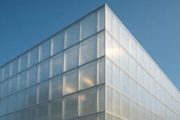 The minimalistic angle of the glass facade is a modern architecture with soft reflections of the sky.