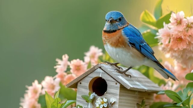 Bluebird perched on birdhouse among blooming flowers in a vibrant garden during springtime