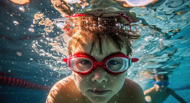 Young swimmer exploring the underwater world with red goggles, showcasing joy and curiosity in a clear pool