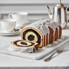 Delicious poppy seed roll cake with icing and tea set