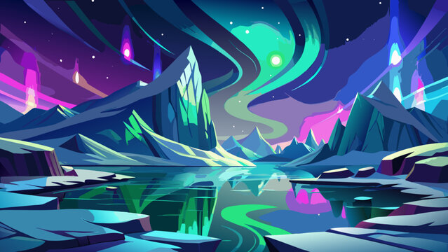 Very beautiful Arctic fjord glowing under the Northern Lights, its icy surface reflecting green and violet auroras in a breathtaking night scene in Norway.