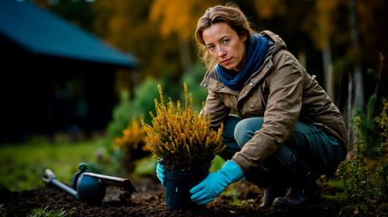 A woman in a blue jacket and blue gloves is kneeling in a garden holding a plant with yellow flowers