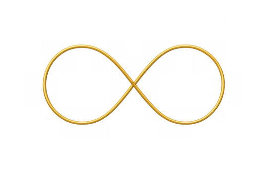 Golden infinity symbol illustrating the concept of forever, continuity, and infinite possibilities. Transparent background included