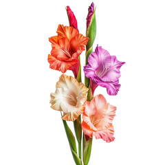 Fototapeta premium Multiple gladiolus flower sticks in shades of pinon transparent png background. Ai generatedk