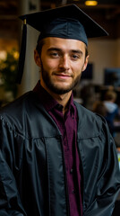A man wearing a black graduation cap and gown smiling at the camera